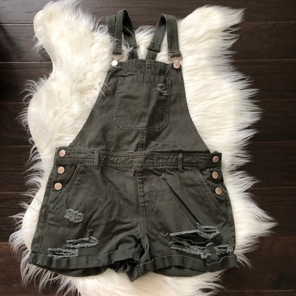 Forever 21 Denim - [Forever 21] Hunter Army Green Distressed Overalls